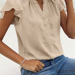 Womens Blouse V Neck Ruffle Short Sleeve Swiss Dot Tops Button Casual Shirts - Nadorine (Us Only)