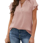 Womens Blouse V Neck Ruffle Short Sleeve Swiss Dot Tops Button Casual Shirts - Nadorine (Us Only)