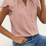 Womens Blouse V Neck Ruffle Short Sleeve Swiss Dot Tops Button Casual Shirts - Nadorine (Us Only)
