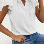 Womens Blouse V Neck Ruffle Short Sleeve Swiss Dot Tops Button Casual Shirts - Nadorine (Us Only)
