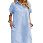 Summer Casual 100% Cotton Shirt Dress with Pockets (US Only)