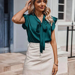 Nadorine Satin Blouses for Women Sleeveless Bow Tops