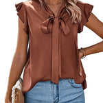 Nadorine Satin Blouses for Women Sleeveless Bow Tops