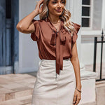 Nadorine Satin Blouses for Women Sleeveless Bow Tops