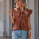 Nadorine Satin Blouses for Women Sleeveless Bow Tops