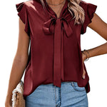 Nadorine Satin Blouses for Women Sleeveless Bow Tops