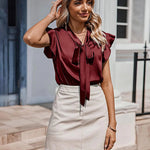 Nadorine Satin Blouses for Women Sleeveless Bow Tops