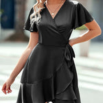 Nadorine Women Stain Dress Wrap V Neck Short Sleeve Tie Waist Ruffle Mini Flowy Dresses (US Only)