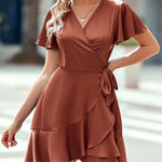 Nadorine Women Stain Dress Wrap V Neck Short Sleeve Tie Waist Ruffle Mini Flowy Dresses (US Only)