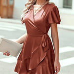 Nadorine Women Stain Dress Wrap V Neck Short Sleeve Tie Waist Ruffle Mini Flowy Dresses (US Only)