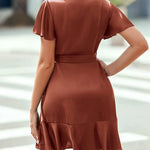 Nadorine Women Stain Dress Wrap V Neck Short Sleeve Tie Waist Ruffle Mini Flowy Dresses (US Only)
