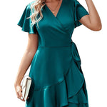 Nadorine Women Stain Dress Wrap V Neck Short Sleeve Tie Waist Ruffle Mini Flowy Dresses (US Only)