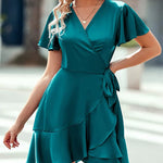 Nadorine Women Stain Dress Wrap V Neck Short Sleeve Tie Waist Ruffle Mini Flowy Dresses (US Only)