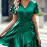 Nadorine Women Stain Dress Wrap V Neck Short Sleeve Tie Waist Ruffle Mini Flowy Dresses (US Only)