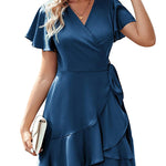 Nadorine Women Stain Dress Wrap V Neck Short Sleeve Tie Waist Ruffle Mini Flowy Dresses (US Only)