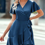 Nadorine Women Stain Dress Wrap V Neck Short Sleeve Tie Waist Ruffle Mini Flowy Dresses (US Only)