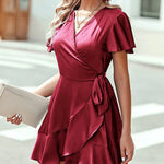 Nadorine Women Stain Dress Wrap V Neck Short Sleeve Tie Waist Ruffle Mini Flowy Dresses (US Only)