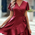 Nadorine Women Stain Dress Wrap V Neck Short Sleeve Tie Waist Ruffle Mini Flowy Dresses (US Only)