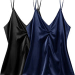 Women's Silk Camisole V Neck Camis Satin Tank Tops Sexy Spaghetti Strap Loose Sleeveless Blouse 2 Packs - Nadorine (Us Only)
