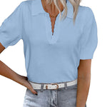Zeagoo Womens Puff Short Sleeve Sweaters Tops Spring Collar V Neck Pullover Polo Shirt Soft Knit Blouses (US Only)