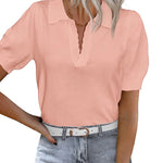 Zeagoo Womens Puff Short Sleeve Sweaters Tops Spring Collar V Neck Pullover Polo Shirt Soft Knit Blouses (US Only)