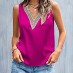 Zeagoo Womens 2023 Trends Silk Satin Tank Tops V Neck Lace Summer Tops Sleeveless Loose Fit Shirts Blouse (Us Only)