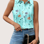 Nadorine Sleeveless Blouses Casual Button Down Flower Tank Tops