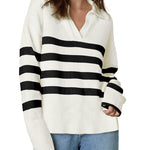 Nadorine Women's Fall Striped Sweater V Neck Oversized Knitted Tops