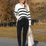 Nadorine Women's Fall Striped Sweater V Neck Oversized Knitted Tops
