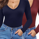 Nadorine 2 Pack Women's Long Sleeve V Neck Slim Fit T Shirts