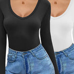 Nadorine 2 Pack Women's Long Sleeve V Neck Slim Fit T Shirts