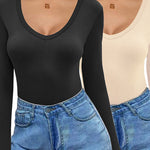 Nadorine 2 Pack Women's Long Sleeve V Neck Slim Fit T Shirts