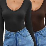 Nadorine 2 Pack Women's Long Sleeve V Neck Slim Fit T Shirts