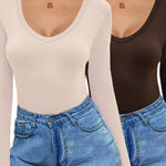 Nadorine 2 Pack Women's Long Sleeve V Neck Slim Fit T Shirts
