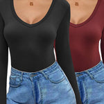 Nadorine 2 Pack Women's Long Sleeve V Neck Slim Fit T Shirts