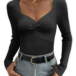 Nadorine Sweaters for Women Long Sleeve V Neck Ribbed Knit Tops