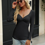 Nadorine Sweaters for Women Long Sleeve V Neck Ribbed Knit Tops
