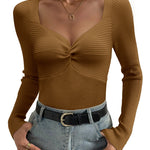Nadorine Sweaters for Women Long Sleeve V Neck Ribbed Knit Tops