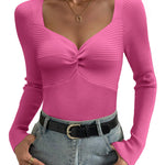 Nadorine Sweaters for Women Long Sleeve V Neck Ribbed Knit Tops