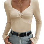 Nadorine Sweaters for Women Long Sleeve V Neck Ribbed Knit Tops