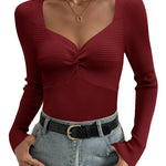 Nadorine Sweaters for Women Long Sleeve V Neck Ribbed Knit Tops