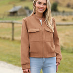 Zeagoo Womens Cropped Jacket Stand Collar Long Sleeve Zip Up Shackets