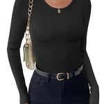 Nadorine Women's Long Sleeve Basic Slim Fit Tops Ribbed Knit T-Shirt