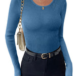 Nadorine Women's Long Sleeve Basic Slim Fit Tops Ribbed Knit T-Shirt