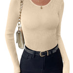 Nadorine Women's Long Sleeve Basic Slim Fit Tops Ribbed Knit T-Shirt