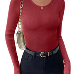 Nadorine Women's Long Sleeve Basic Slim Fit Tops Ribbed Knit T-Shirt