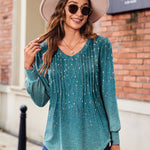 Nadorine Women'S Puff Long Sleeve Shirts Pleated V Neck Tunic Tops