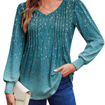 Nadorine Women'S Puff Long Sleeve Shirts Pleated V Neck Tunic Tops