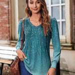 Nadorine Women'S Puff Long Sleeve Shirts Pleated V Neck Tunic Tops