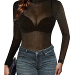Nadorine Mesh Top Women Long Sleeve See Through Shirt